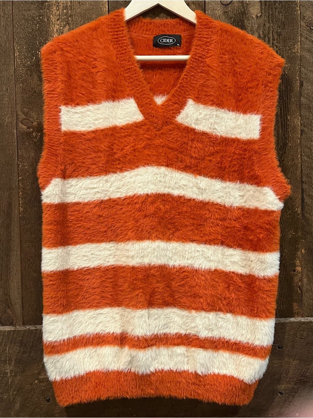 Cider Orange and White Striped Fuzzy V-Neck Sweater Vest